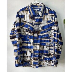 Burning Torch Silk USA Blue White Gold Metallic Geometric Button-Up Shirt Men S
